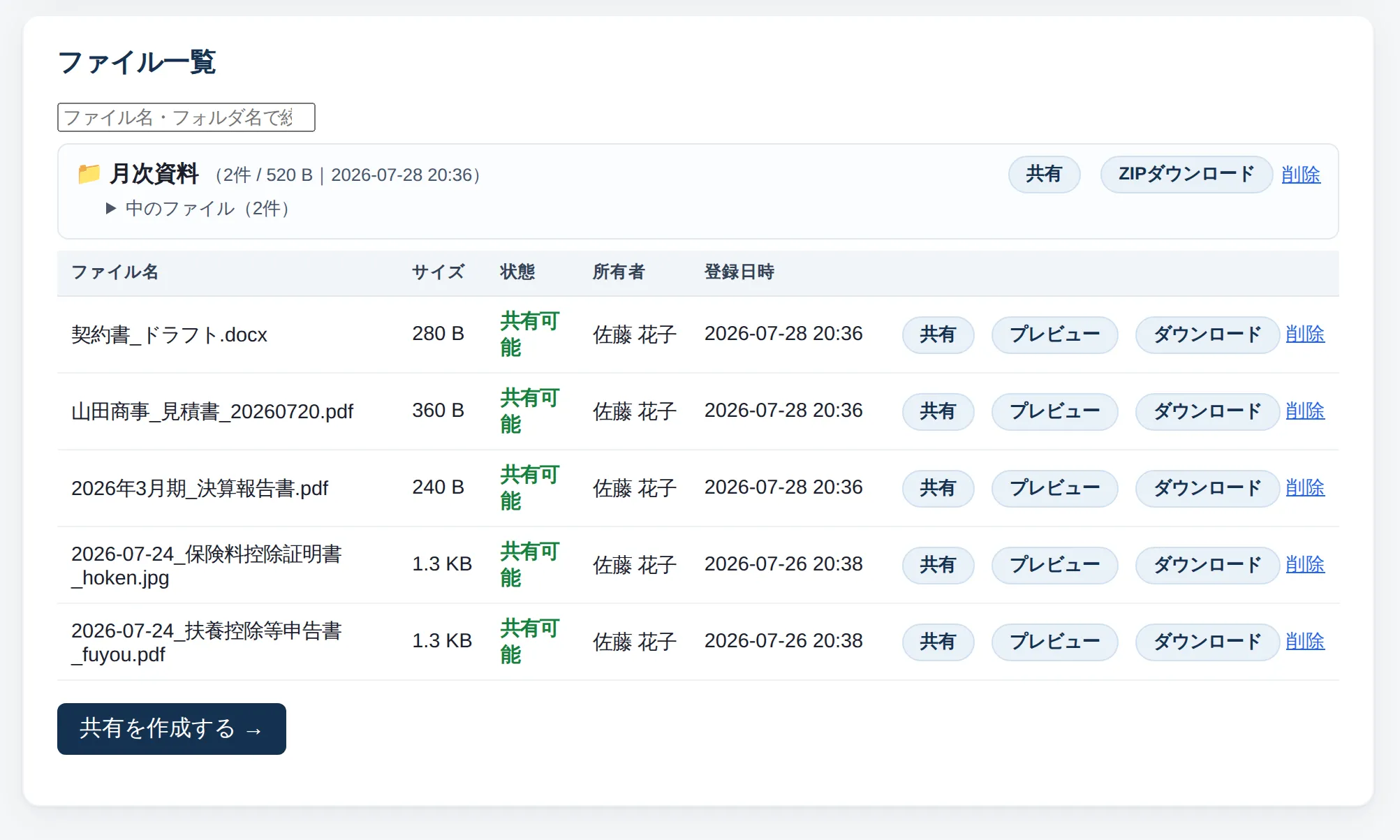 ForceDrive のファイル一覧画面。契約書や決算報告書などのファイルが、サイズ・状態「共有可能」・所有者・登録日時とともに並び、行ごとに共有・プレビュー・ダウンロードの操作と、下部に「共有を作成する」ボタンがある。